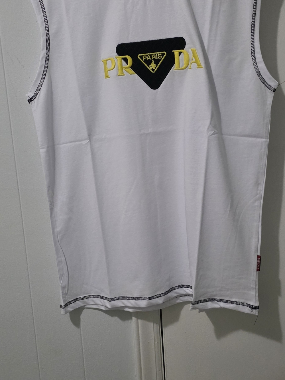 Prada White Tank with Black Triangle and Yellow Logo